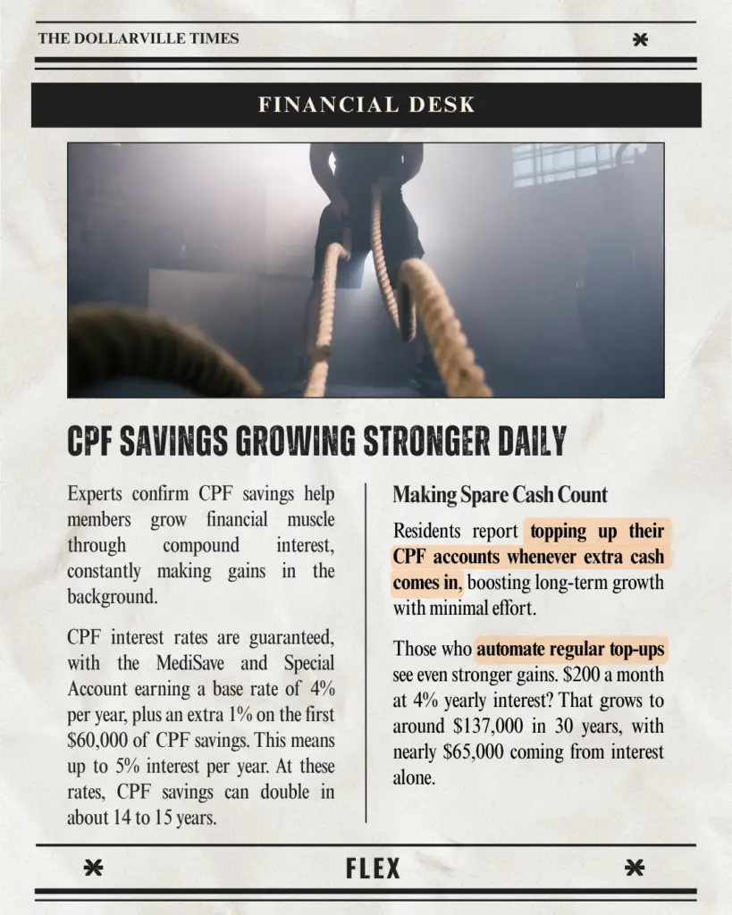 Make spare cash count by topping up CPF accounts whenever extra cash comes in, and through automated regular top-ups