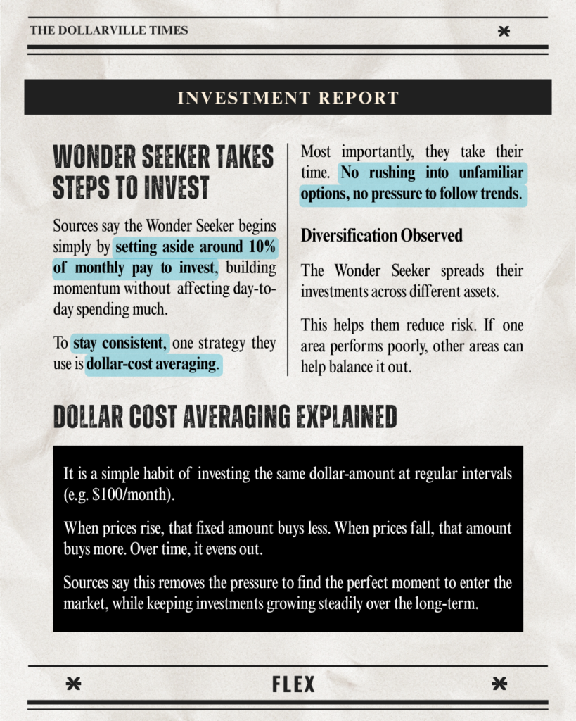 Set aside around 10% of monthly pay to invest, stay consistent with dollar-cost averaging, and don't rush into following trends.