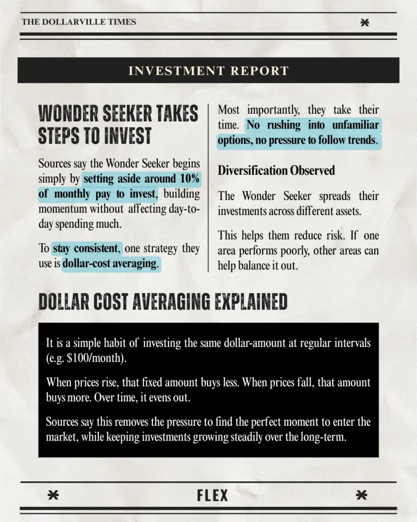 Set aside around 10% of monthly pay to invest, stay consistent with dollar-cost averaging, and don't rush into following trends.