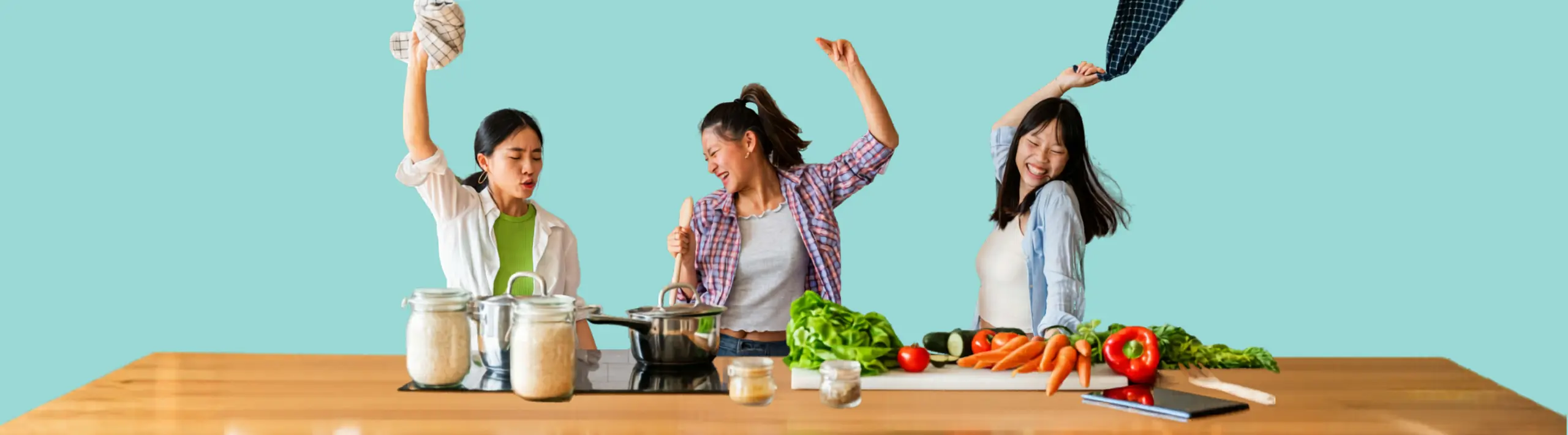 3 asian ladies bonding and having fun together in kitchen
